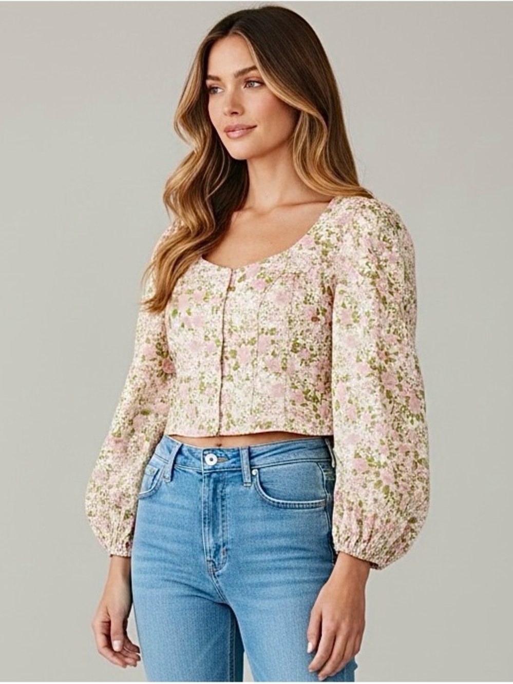 ASOS Pink and Green Floral Puff Sleeve  Crop Top Coquette Women’s Size 10